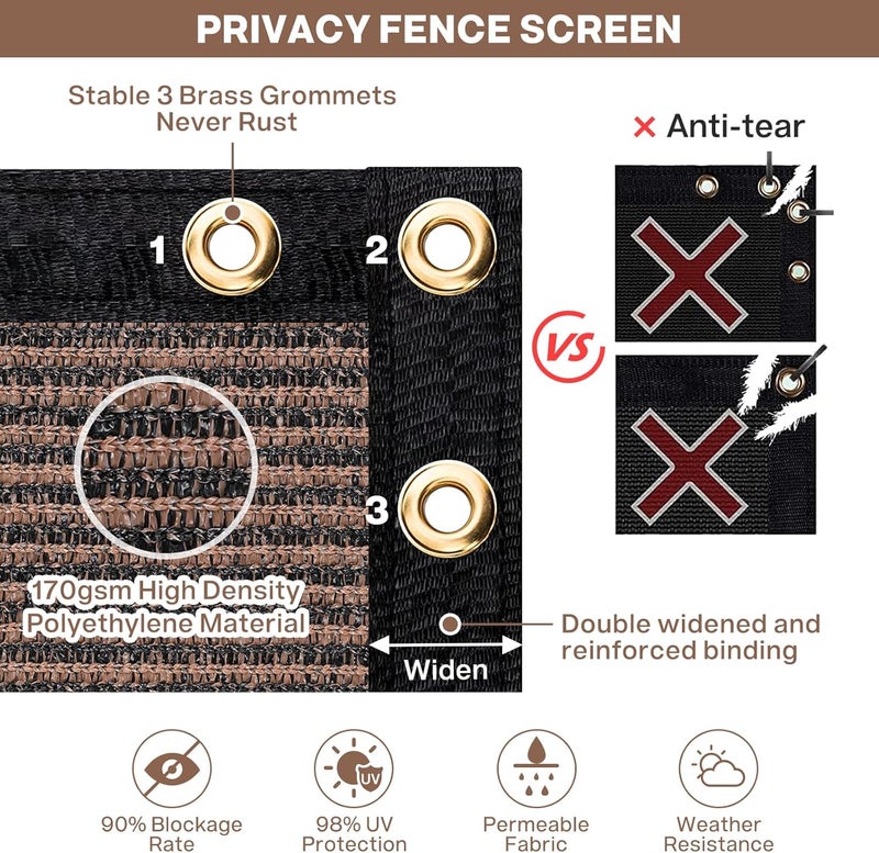 DUERER Privacy Fence Screen 4 x 50ft Brown Fence Covering Heavy Duty 170GSM Commercial Windscreen Fencing Mesh Shade Net Cover, UV Protection 90% Blockage Outdoor Backyard, Patio with Cable Ties - Image 4